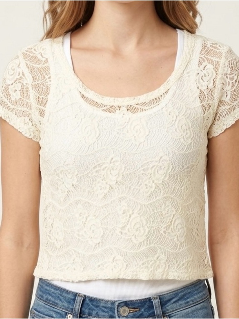 Wet Seal Cream Lace Cropped Tee